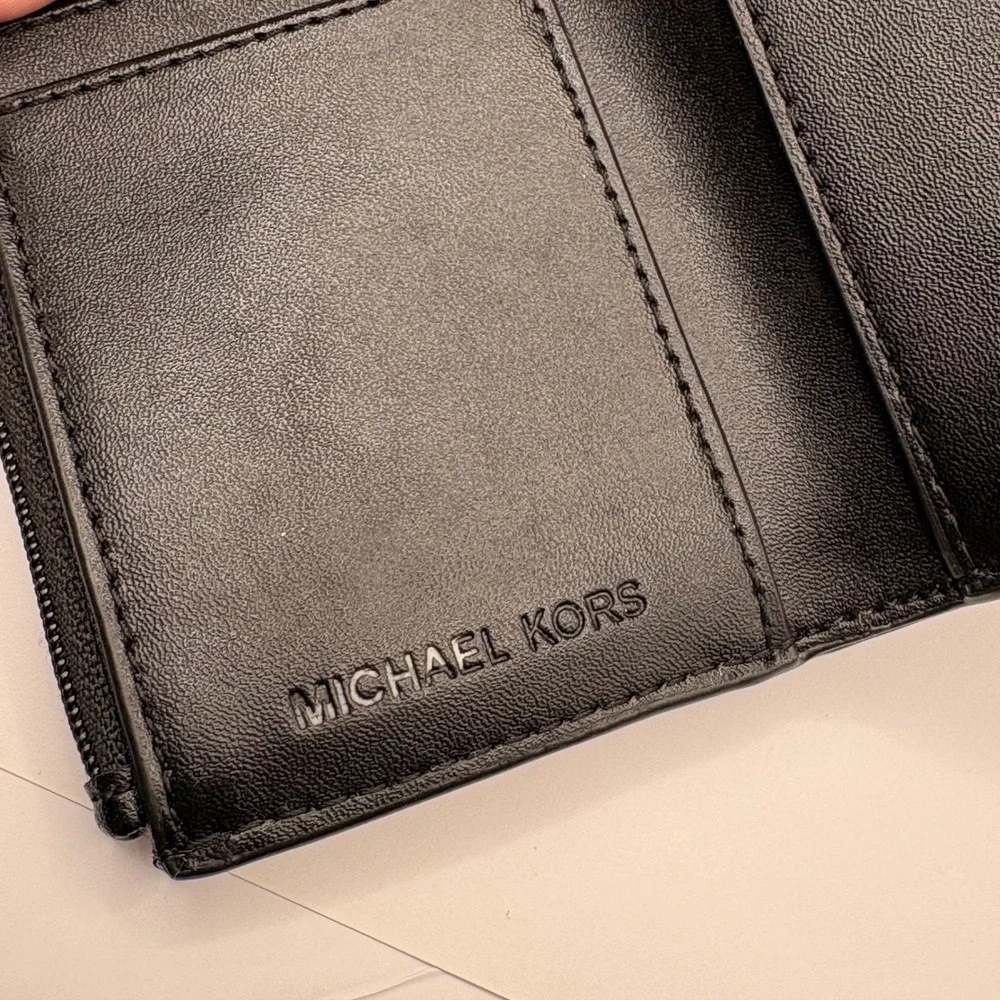Michael Kors Black Leather Trifold Wallet Gold MK‎ Logo Medallion Snap Closure